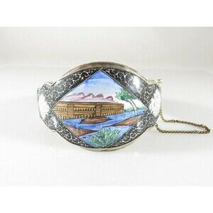 Art Deco Bracelet Enamel Silver Bangle Scenic Floral Vintage 1930's Cuff